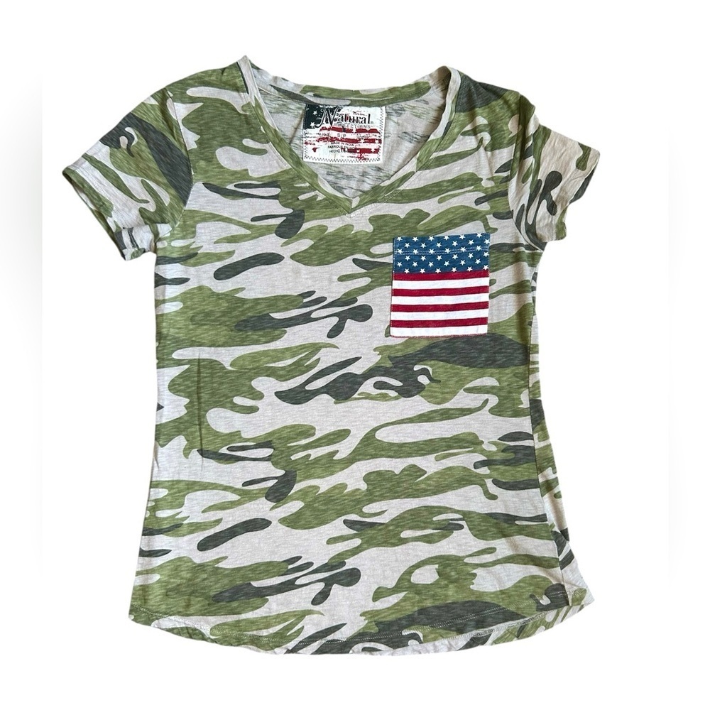 Natural Reflections Women’s Camo Tee with USA Flag Pocket Size small